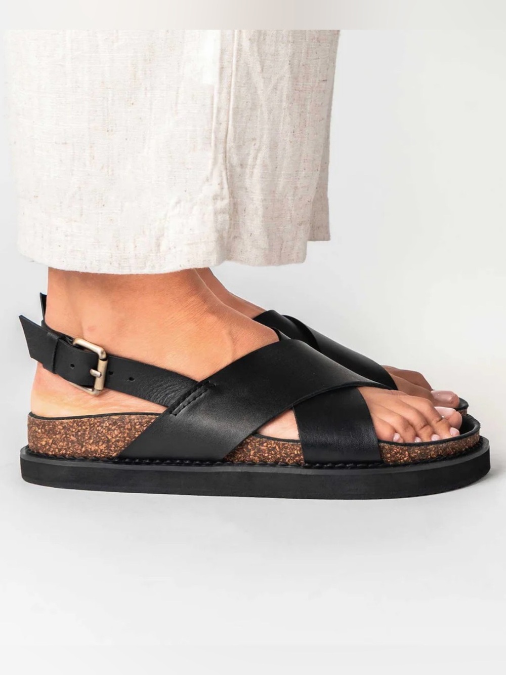 Black Leather Cork-Platform Cross-Strap Sandals